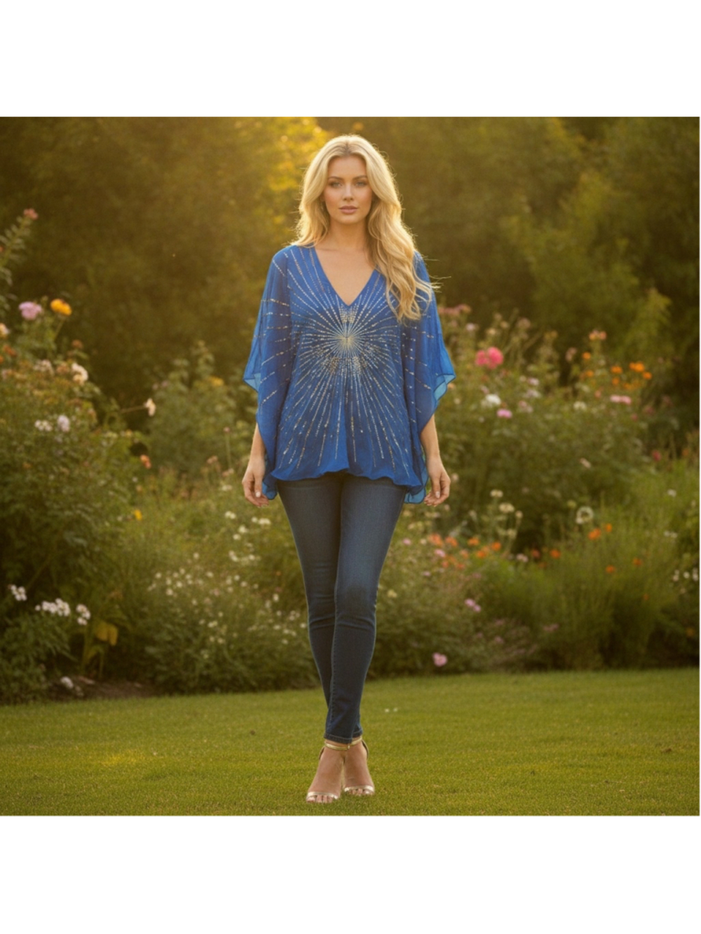 BCBGMAXAZRIA Y2K Silk Sunburst Butterfly Sleeve Top Size M Royal Blue